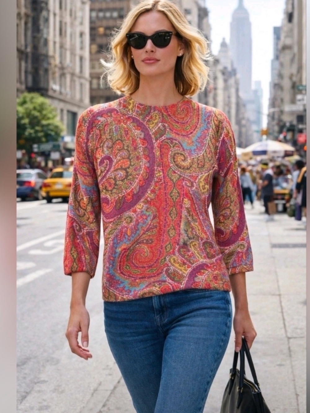 Talbots Pure Cashmere Paisley Print 3/4 Sleeve Sweater Multicolor Size XL